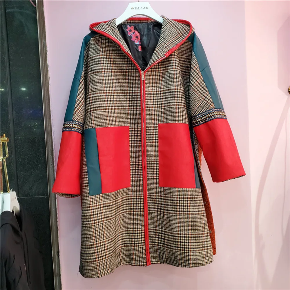 

2020 Autumn New Ladies Retro Hooded Loose Version Mid-length Coat Coat Woolen Zipper Hit Color Coat Trendy women 16Q150