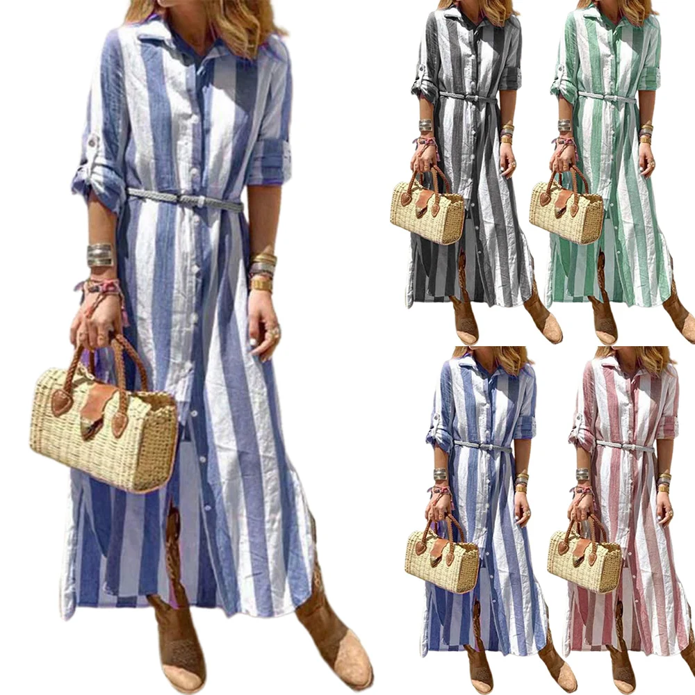 Women's Maxi Dress Loose Stripe Print Half-sleeved Blouse Dress Summer Office Lady Single Breasted V-neck Sashes Female Dress
Women's Maxi Dress Loose Stripe Print Half-sleeved Blouse Dress Summer Office Lady Single Breasted V-neck Sashes Female Dress