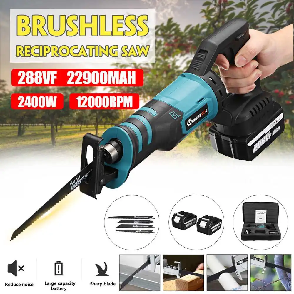 2400W 288VF Cordless Brushless Electric Reciprocating Saw With 4 Saw Blades Metal Wood Cutting Tools For Makita 18V Battery
2400W 288VF Cordless Brushless Electric Reciprocating Saw With 4 Saw Blades Metal Wood Cutting Tools For Makita 18V Battery