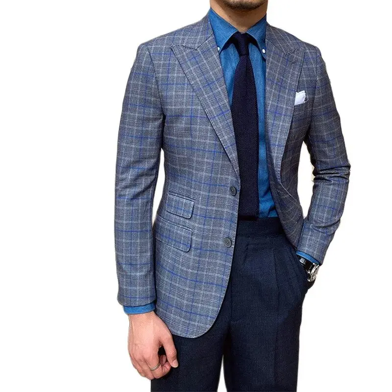 High Quality Gray Plaid Peaked Lapel Two Buttons Coat With Navy Blue Pants Men's Business British Style Formal Wear 2 Pieces 
High Quality Gray Plaid Peaked Lapel Two Buttons Coat With Navy Blue Pants Men's Business British Style Formal Wear 2 Pieces