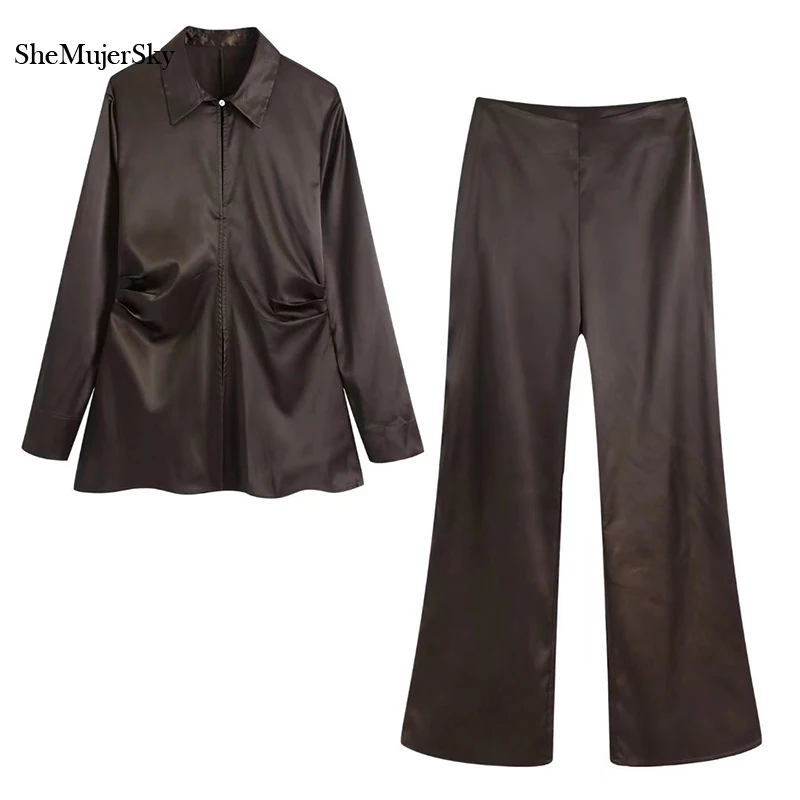 SheMujerSky Women Long Sleeve Brown Satin Blouses And Long Flare Leg Pants Matching Sets 2021 Casual 2 Pcs Set
SheMujerSky Women Long Sleeve Brown Satin Blouses And Long Flare Leg Pants Matching Sets 2021 Casual 2 Pcs Set