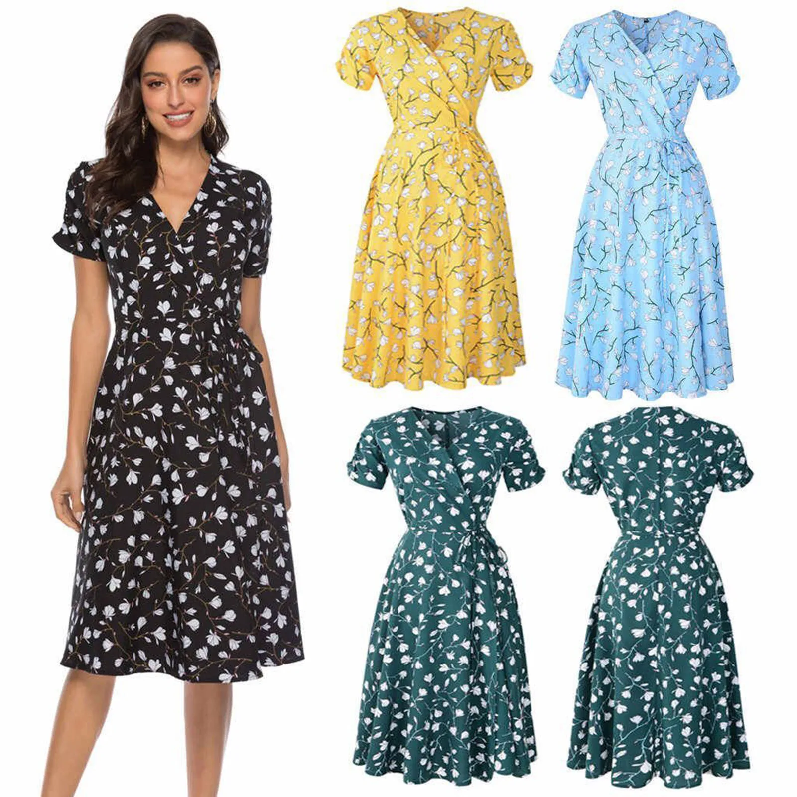 2022 New Summer Boho Floral Dress Women V Neck Short Sleeves Bohemian Knee Length Dresses Female Beach Wrap Holiday Dress
2022 New Summer Boho Floral Dress Women V Neck Short Sleeves Bohemian Knee Length Dresses Female Beach Wrap Holiday Dress