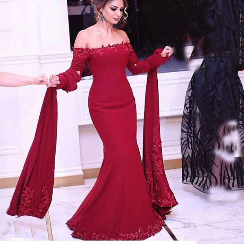 Long Evening Dresses Red Long Sleeves Abiye Vintage Prom Gowns Gorgeous off Shoulder Appliques Beaded Mermaid Prom Dresses 2020
Long Evening Dresses Red Long Sleeves Abiye Vintage Prom Gowns Gorgeous off Shoulder Appliques Beaded Mermaid Prom Dresses 2020