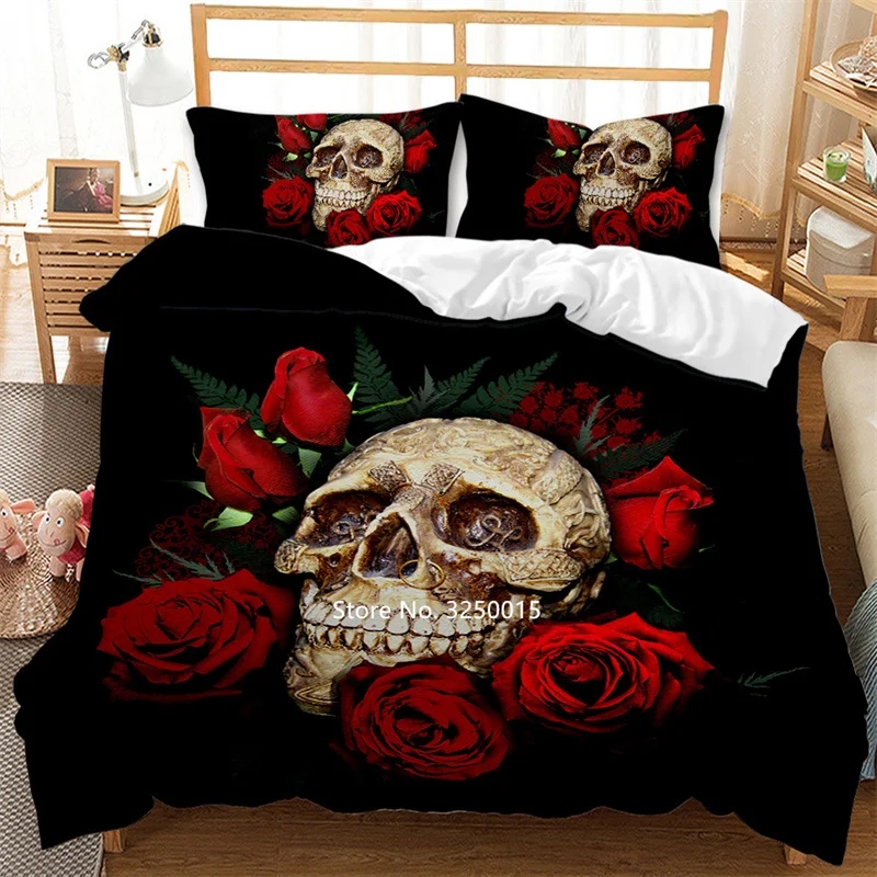 

Домашний текстиль, стильный комплект постельного белья с черепом, 2-3 предмета, роскошная комната для взрослых, украшенная красной розой, под...