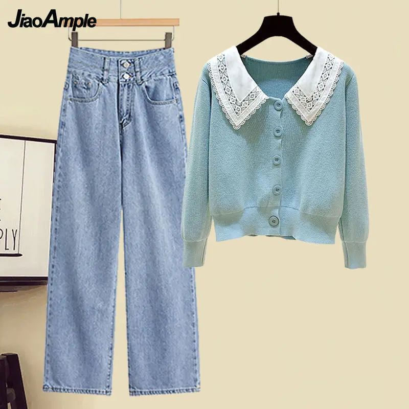 Women Autumn New Doll Collar Long-sleeved Knitting Sweater Jeans 2 Piece Korean Fashion High Waist Denim Trousers Cardigan Set
Women Autumn New Doll Collar Long-sleeved Knitting Sweater Jeans 2 Piece Korean Fashion High Waist Denim Trousers Cardigan Set