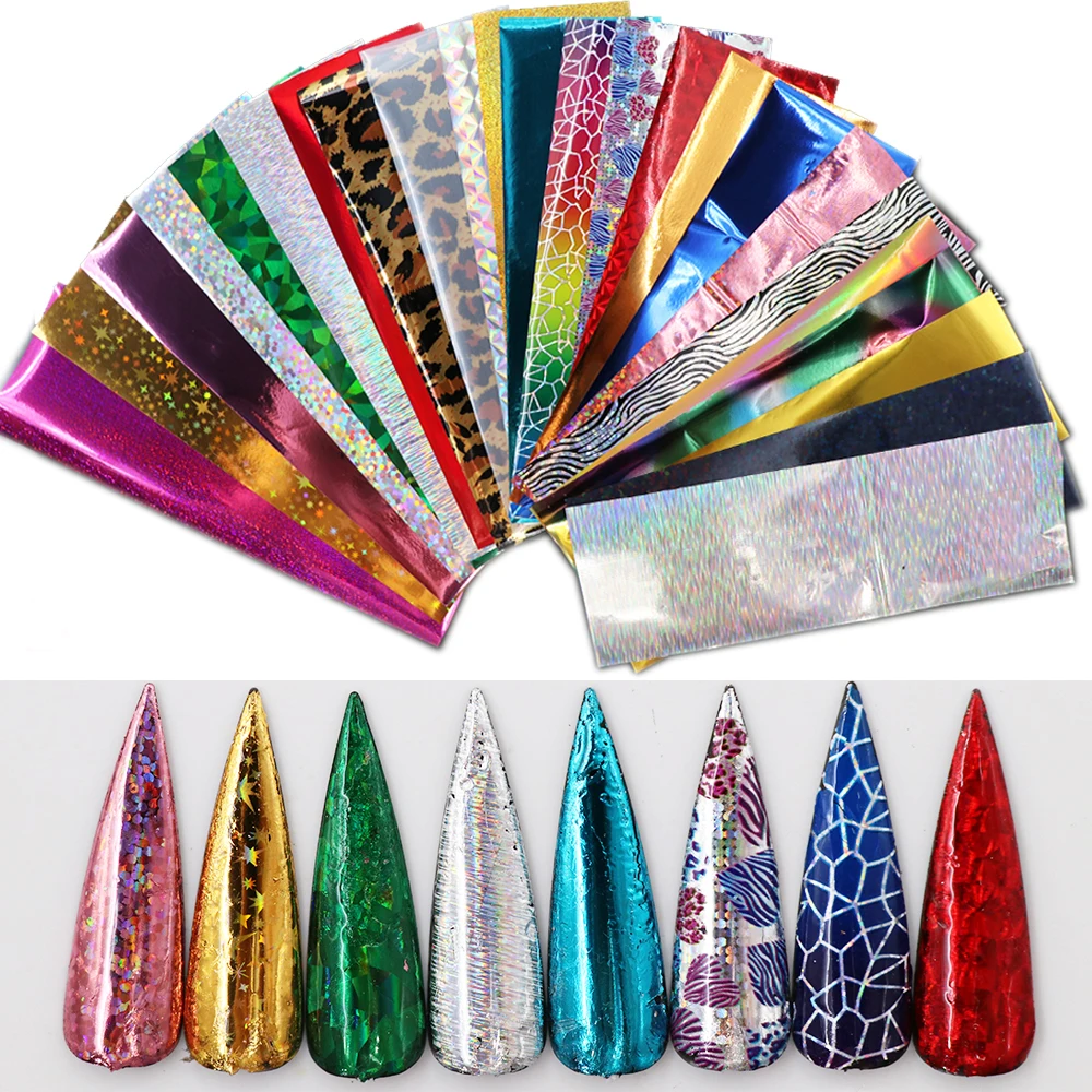 

24 Sheets Nail Foils Mixed Design Leopard Holographic Laser Shinning Nail Stickers Colorful Sliders Nail Art Full Wrap Tips