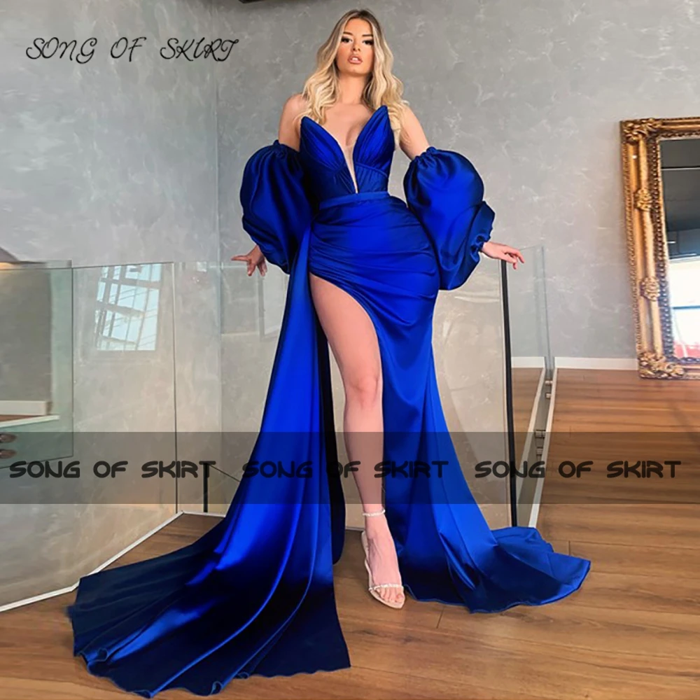 Sexy High Split Royal Blue Prom Dresses Tulle Deep V-neck Removable Lantern Sleeves Women Evening Wedding Gown Robe De Soirée
Sexy High Split Royal Blue Prom Dresses Tulle Deep V-neck Removable Lantern Sleeves Women Evening Wedding Gown Robe De Soirée