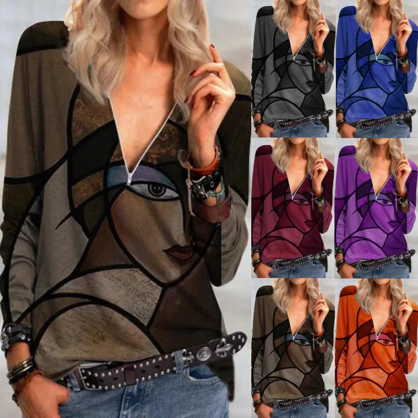 New Print V Neck Shirt Women's T Shirt Zipper Casual Sexy Autumn Loose Long Sleeve Blouse Oversize Vintage Ladies Top P14
New Print V Neck Shirt Women's T Shirt Zipper Casual Sexy Autumn Loose Long Sleeve Blouse Oversize Vintage Ladies Top P14