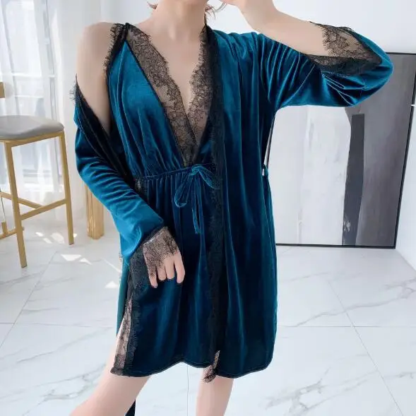 Fdfklak Slim lace and gold velvet bathrobe women long sleeve lounge wear robe warm autumn winter sleepwear female two piece set
Fdfklak Slim lace and gold velvet bathrobe women long sleeve lounge wear robe warm autumn winter sleepwear female two piece set