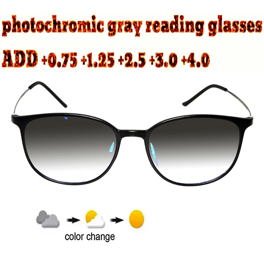 

Фотохромные серые очки для чтения круглые ультралегкие трендовые высококачественные модные мужские женские + 1,0 + 1,5 + 1,75 + 2,0 + 3 + 2,5 + 4