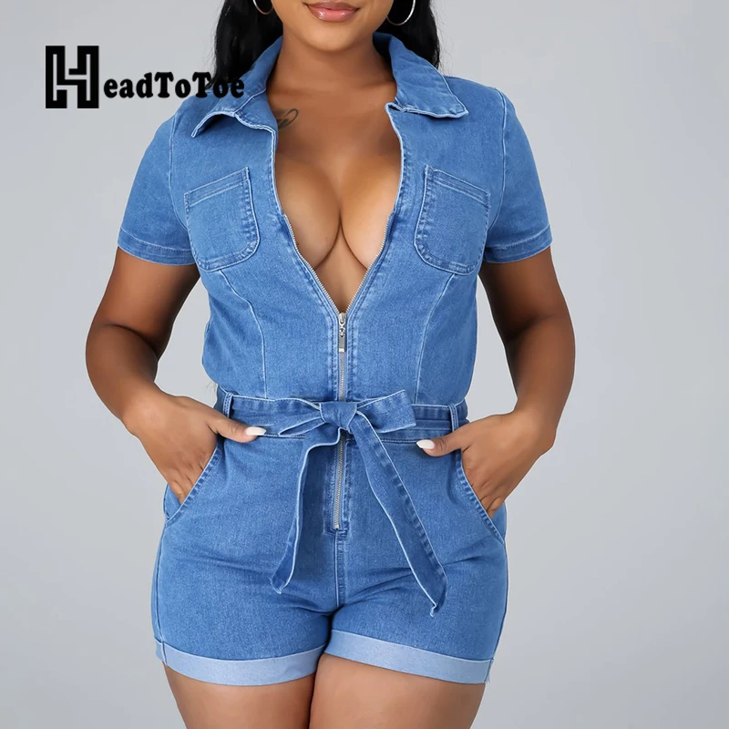 Solid Short Sleeve Zipper Front Denim Rompers Women Playsuit Pocket Design Casual One Piece Outfits 
Solid Short Sleeve Zipper Front Denim Rompers Women Playsuit Pocket Design Casual One Piece Outfits
