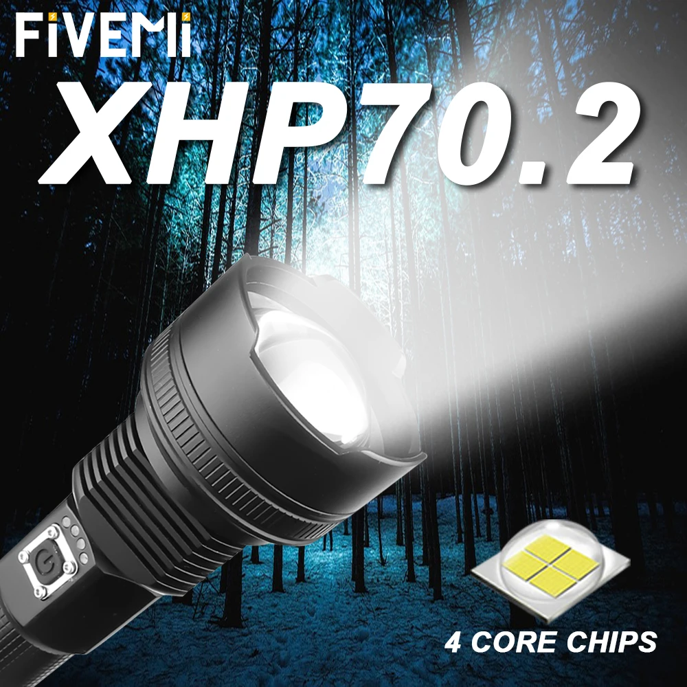 Фото Мощный светодиодный фонарик с XHP 70 2 лампа шариком масштабируемый 3 режима