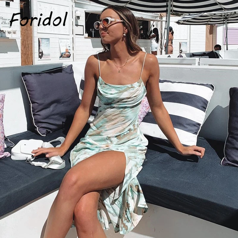 

Foridol Tie-dyed Slit Maxi Summer Dress Women Spaghetti Strap Ruched Neck Green Floral Dress Sleeveless Sexy Beach Sundress