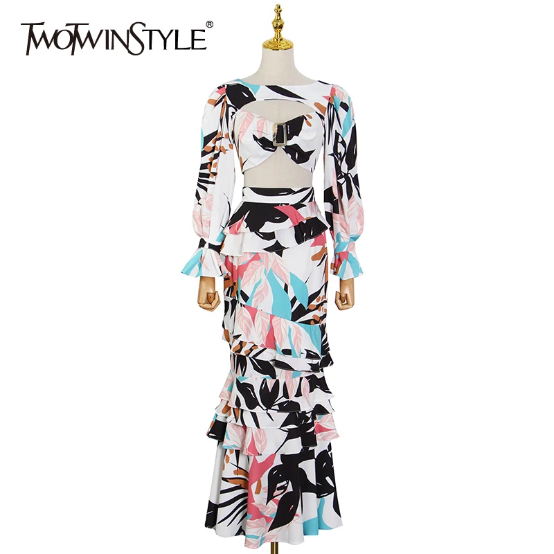 TWOTWINSTYLE Print Hollow Out Two Piece Set For Women O Neck Flare Long Sleeve Tops High Waist Skirt Patchwork Ruffle Sets 2021
TWOTWINSTYLE Print Hollow Out Two Piece Set For Women O Neck Flare Long Sleeve Tops High Waist Skirt Patchwork Ruffle Sets 2021