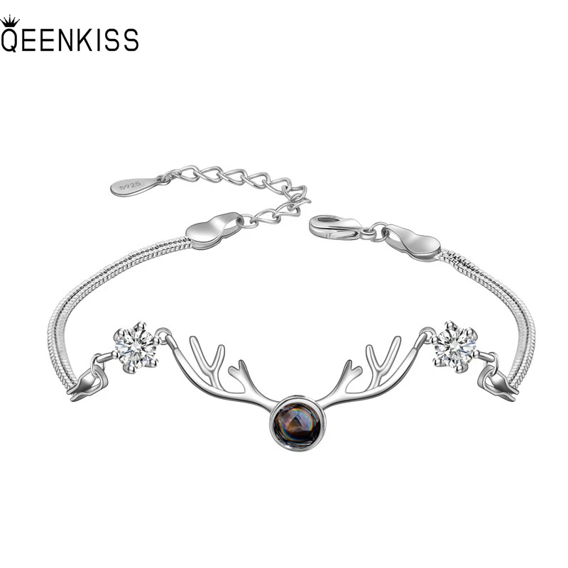 

QUEENKISS BT6114 Jewelry Wholesale Fashion Couples Birthday Wedding Gift Deer AAA Zircon 925 Sterling Silver Pendant Bracelet