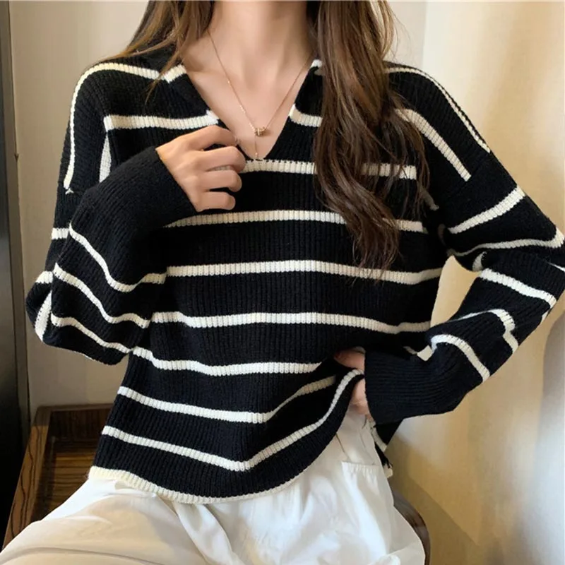 Women Winter V Neck Sweater Ladies Casual Korean Stripesd Hooded Pullovers Long Sleeve Sueter Soft Famale Tops
Women Winter V Neck Sweater Ladies Casual Korean Stripesd Hooded Pullovers Long Sleeve Sueter Soft Famale Tops