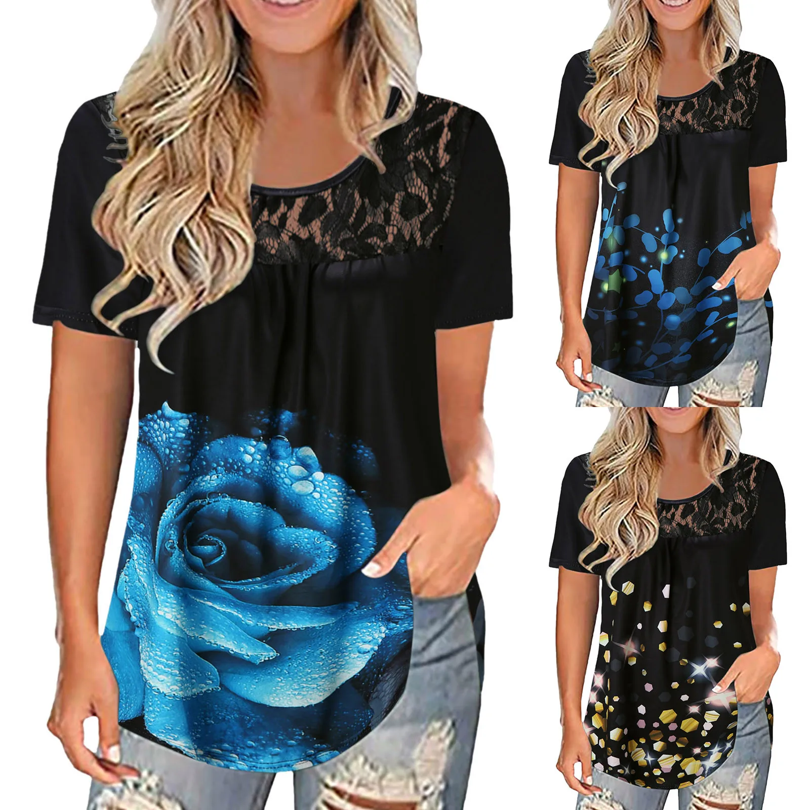 Women O-Neck Short Sleeve T-Shirt Fashion Lace Printing Splicing Blouse Tops Flowers Plants Printing Daily All-match Girls Shirt
Women O-Neck Short Sleeve T-Shirt Fashion Lace Printing Splicing Blouse Tops Flowers Plants Printing Daily All-match Girls Shirt