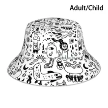 Black And White Character Pattern Bucket Hat Sun Cap Quirky Teen Kid Frog Chicken Egg Witch Candle Cat Ghost Stars Worm