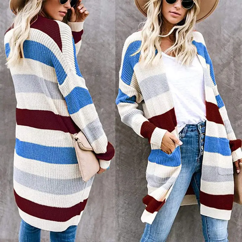 Women Autumn Long Sleeve Cardigan Color Block Striped Open Front Sweater Casual Loose Knee Length Knit Outwear Coat with Pocket
Women Autumn Long Sleeve Cardigan Color Block Striped Open Front Sweater Casual Loose Knee Length Knit Outwear Coat with Pocket