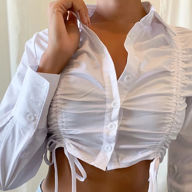 Spring 2021 Elegant Bandage Long Sleeve T-Shirt White Irregular Ruched Button Solid Chic Tops Thin Office Lady Streetwear Outfit
Spring 2021 Elegant Bandage Long Sleeve T-Shirt White Irregular Ruched Button Solid Chic Tops Thin Office Lady Streetwear Outfit