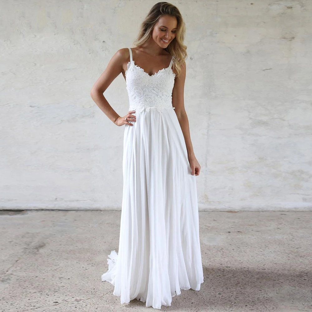 Simple A Line Chiffon Spaghetti Straps Wedding Dress Sweep Train Custom Made 2021 Plus Size Backless Lace Appliqued Bridal Gown
Simple A Line Chiffon Spaghetti Straps Wedding Dress Sweep Train Custom Made 2021 Plus Size Backless Lace Appliqued Bridal Gown