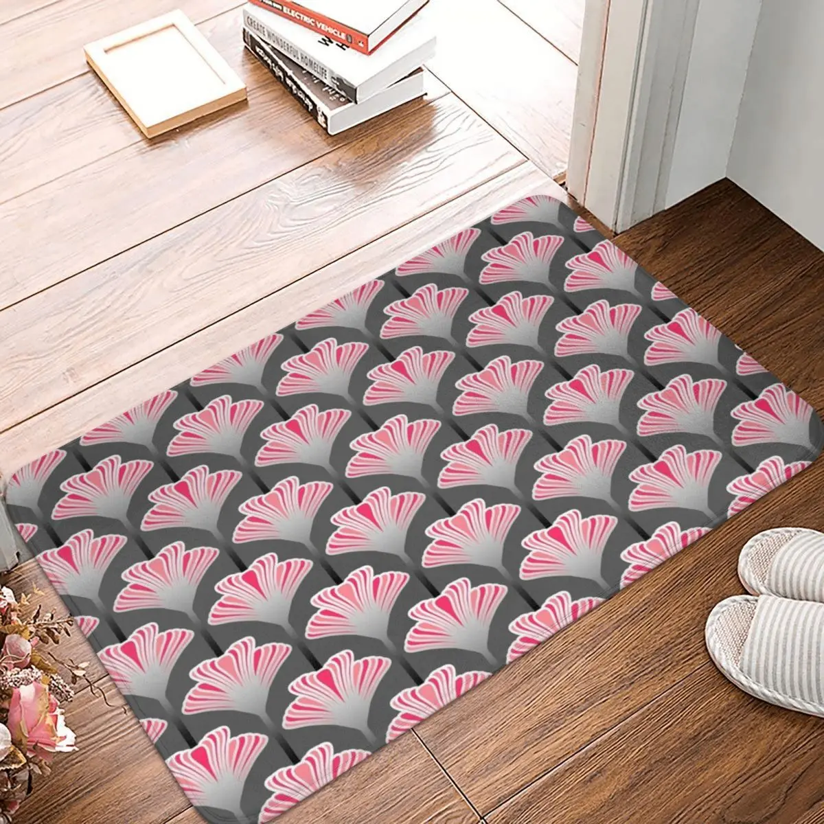 

Lily Grey And Coral Pink Doormat Carpet Mat Rug Polyester PVC Non-Slip Floor Decor Bath Bathroom Kitchen Balcony 40*60