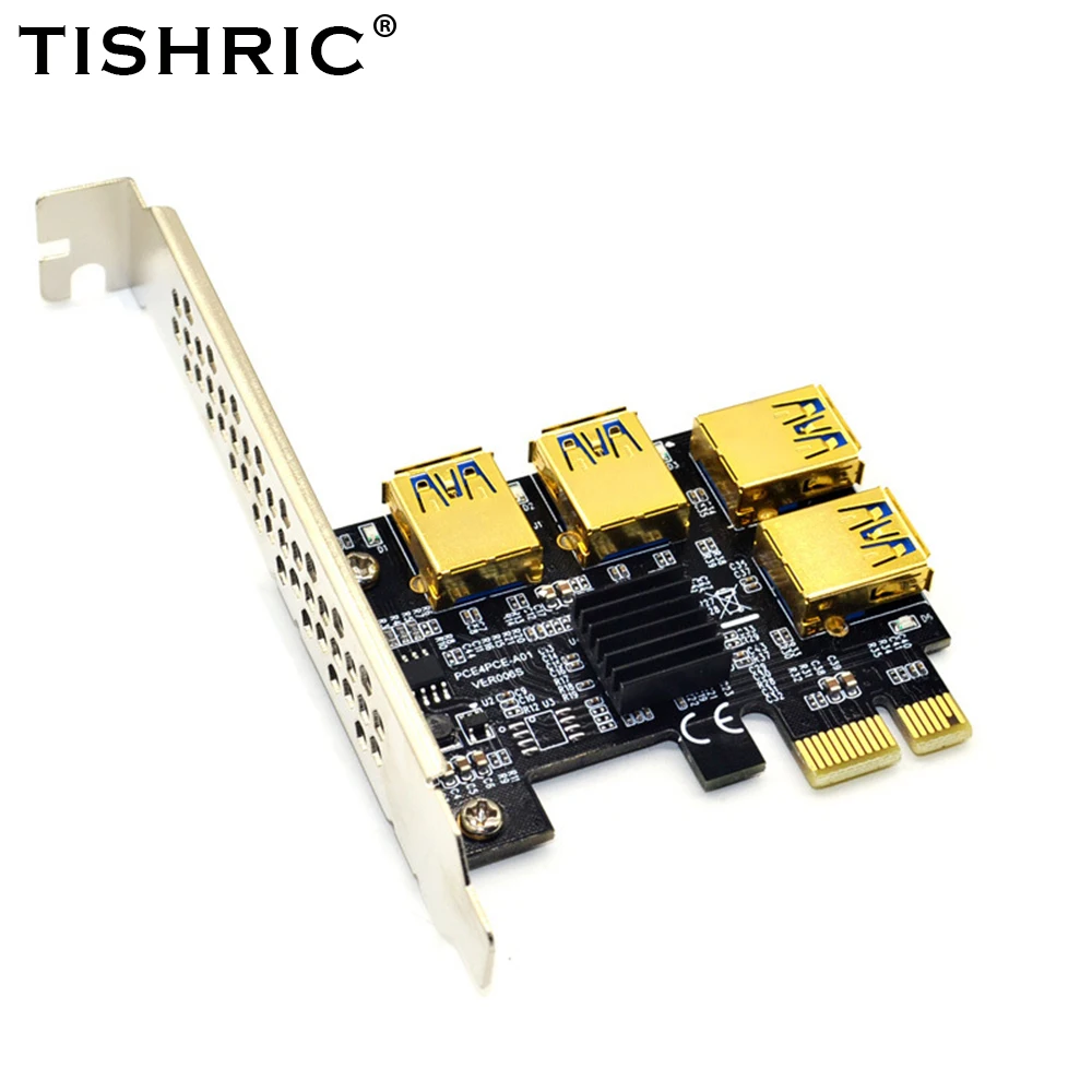 

TISHRIC Gold PCIE PCI-E Riser Card 1 to 4 USB 3.0 Multiplier Hub X16 PCI Express 1X 16X Adapter For Bitcoin ETH Mining Miner