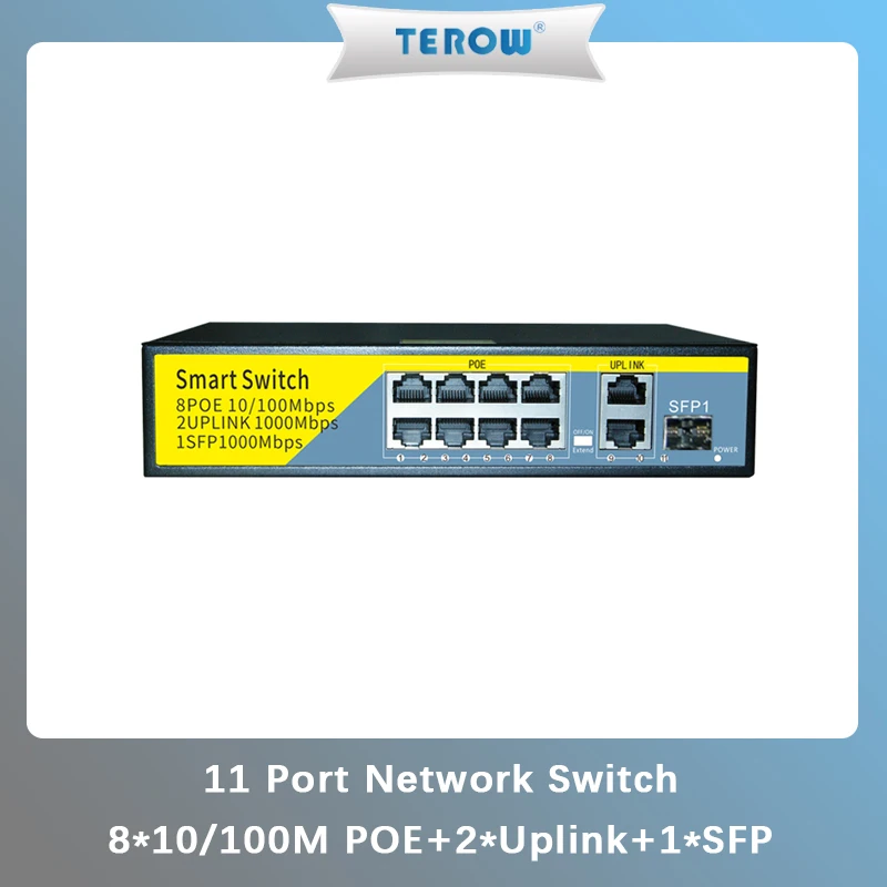 TEROW 11 Port 100Mbps Network Switch 8 10/100M POE Port +2 1000M UPLINK Port+ 1 1000M SFP Port 52V for IP/POE Camera/Wireless AP 
TEROW 11 Port 100Mbps Network Switch 8 10/100M POE Port +2 1000M UPLINK Port+ 1 1000M SFP Port 52V for IP/POE Camera/Wireless AP