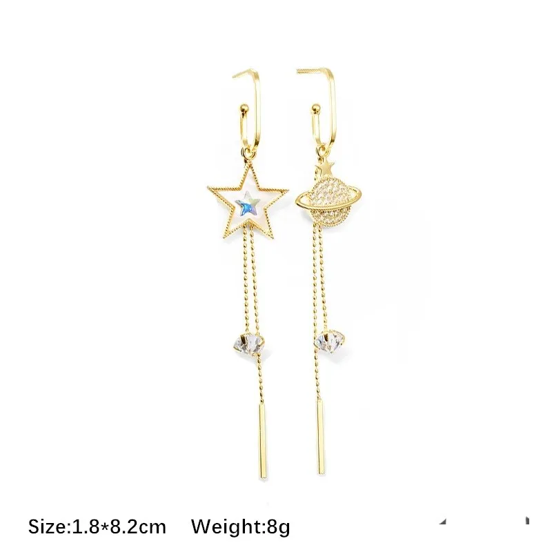 Jefficarnny European and American temperament asymmetry planet earring long gold chain zircon tassel earrings woman gift
Jefficarnny European and American temperament asymmetry planet earring long gold chain zircon tassel earrings woman gift