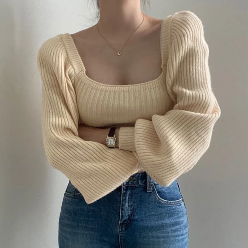 Square Neck Knitted Sweater Woman Simple Puff Sleeve Solid Loose Sweater Women Simplicity Long Sleeve Slim Women's Sweater 2021
Square Neck Knitted Sweater Woman Simple Puff Sleeve Solid Loose Sweater Women Simplicity Long Sleeve Slim Women's Sweater 2021