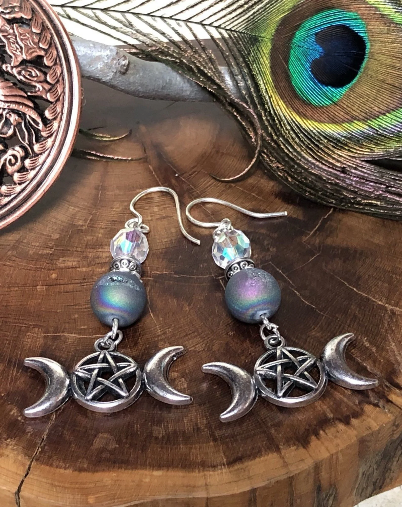Triple Moon Pentagram Earrings - Pagan Jewelry Goddess Wicca Heathen Elemental Full Earring | Украшения и аксессуары