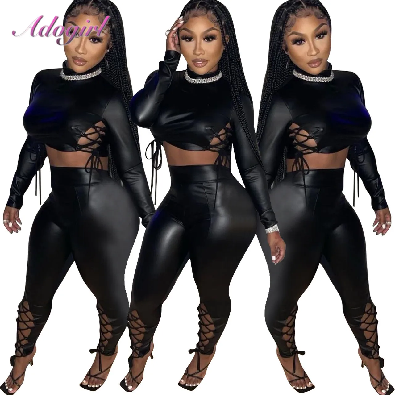 Lace Up Pu Leather Two Piece Set Women Casual Turtleneck Long Sleeve Crop Top High Waist Pants Suit Sexy Party Club Matching Set
Lace Up Pu Leather Two Piece Set Women Casual Turtleneck Long Sleeve Crop Top High Waist Pants Suit Sexy Party Club Matching Set