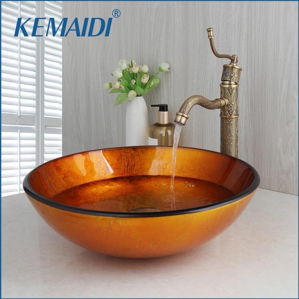 

KEMAIDI Yellow Round Tempered Glass Vessel Sink Mixer Deck Mounted Basin Faucets Set With Waterfall Faucet With Pop - Up Drain