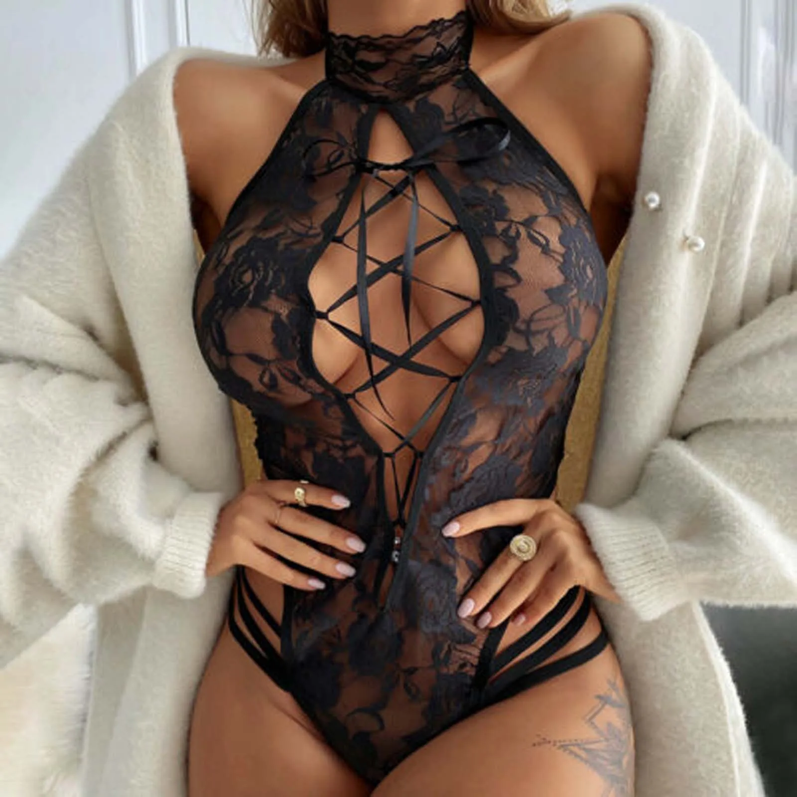 

Women Bodysuit Lace Lingerie Transparent Nightdress Exotic Hollow Custume Lace Up Bandage Underwear Sleepwear Intimate Babydolls