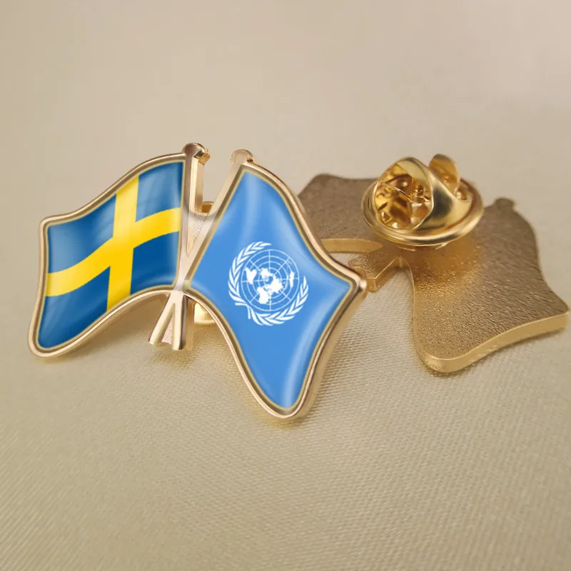 

United Nations and Sweden Crossed Double Friendship Flags Brooch Badges Lapel Pins