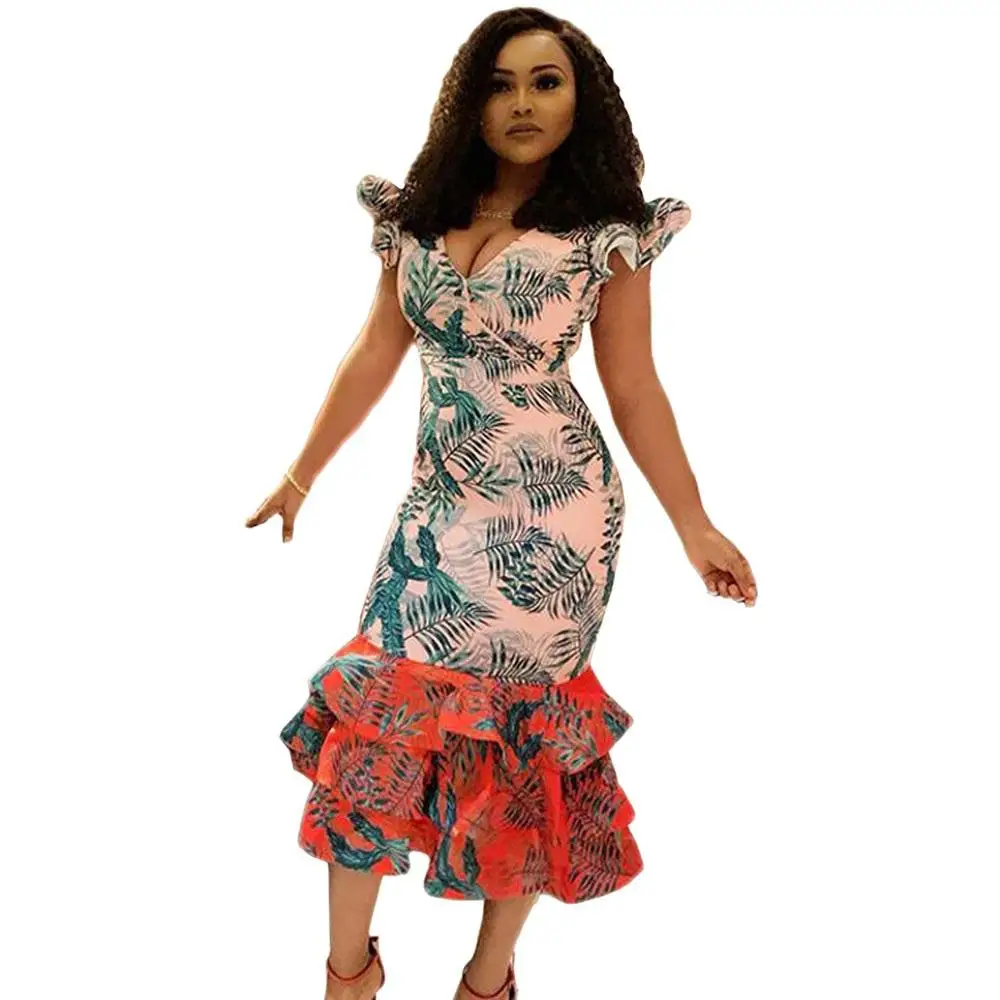 Женское платье с V-образным вырезом, длинное повседневное облегающее платье большого размера с принтом листьев и оборками, лето 2023 
Женское платье с V-образным вырезом, длинное повседневное облегающее платье большого размера с принтом листьев и оборками, лето 2023