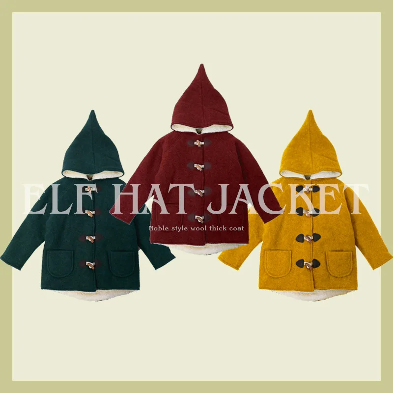 Winter Children's Coat Lovely Foreign Style Retro Solid Color Neutral Elf Hat Thickened Hooded Wool Coat for Boys Girls 2021 New
Winter Children's Coat Lovely Foreign Style Retro Solid Color Neutral Elf Hat Thickened Hooded Wool Coat for Boys Girls 2021 New