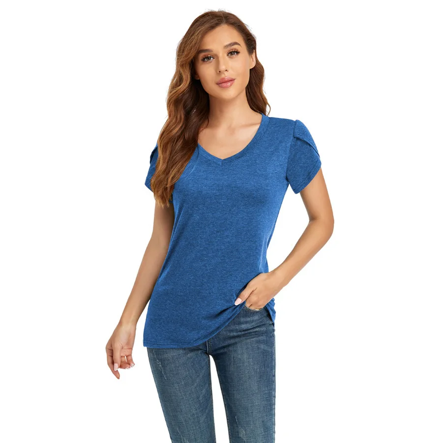 2021 summer new solid color V-neck short-sleeved T-shirt women's top one 
2021 summer new solid color V-neck short-sleeved T-shirt women's top one