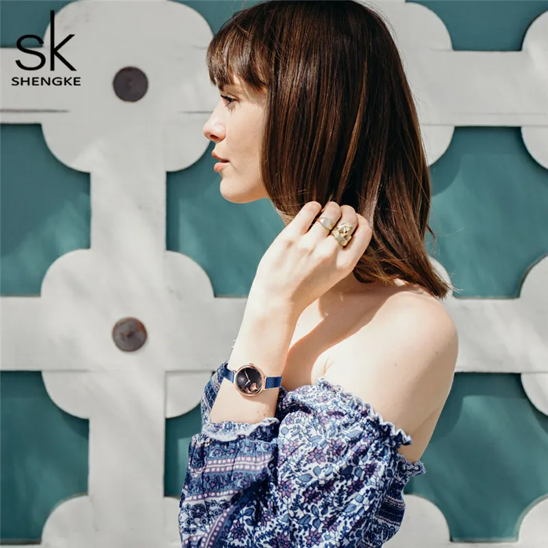 Shengke 2020 new woman watches elegant flower 32 mm coffee dial mesh band Japanese quartz movement luxury Relogio Feminino | Наручные