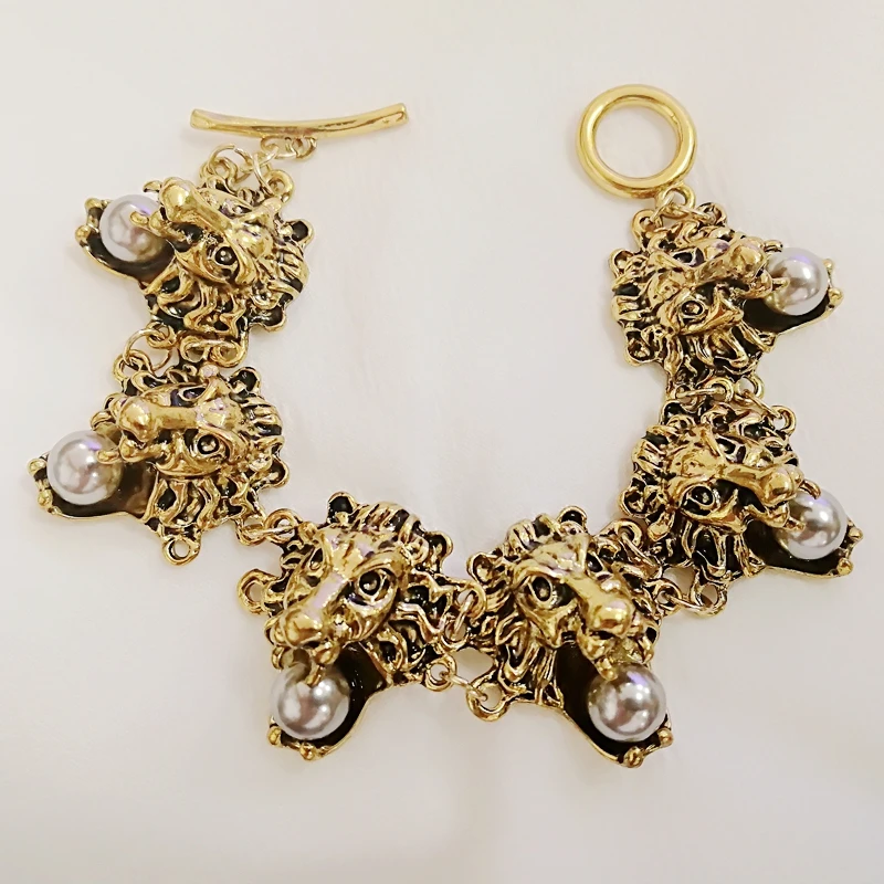 

Luxury Lion Pearl Statement Charm Bracelet Bangle Jewelry For Women