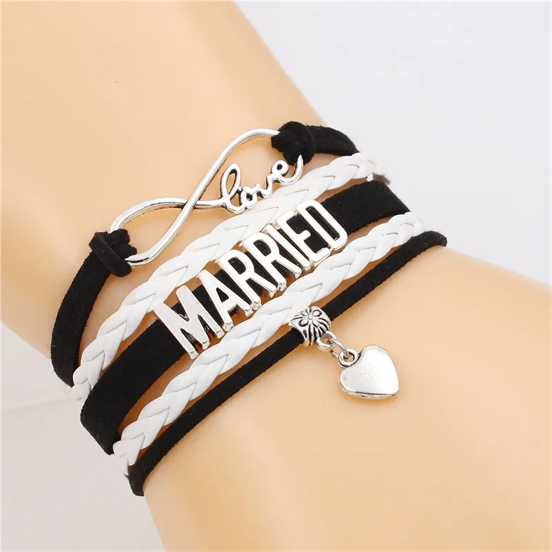 New Fashion Antique Silver MARRIED alphabets Leather Bracelets Heart charm Vintage Jewelry Gift for Women Men | Украшения и
