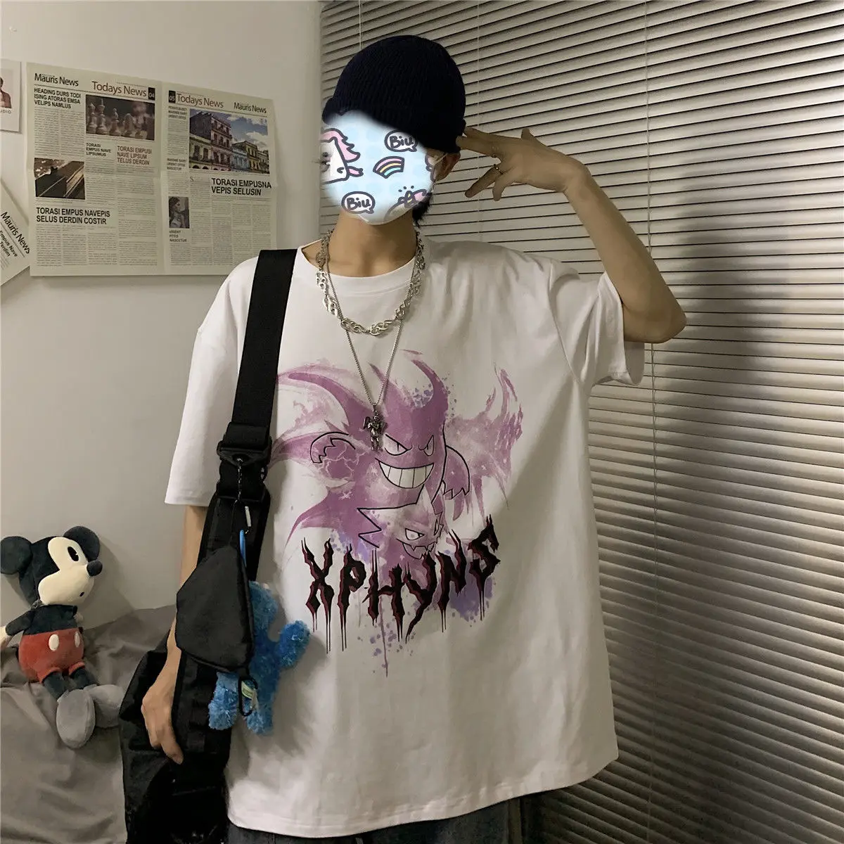 Summer Korean new short sleeve t-shirt men's cartoon devil letter print Harajuku loose trend couple top 
Summer Korean new short sleeve t-shirt men's cartoon devil letter print Harajuku loose trend couple top