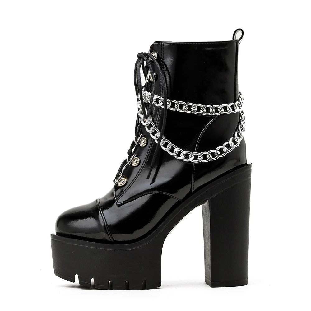 2022 Winter Women's Boots Fashion Round Toe Waterproof Platform Metal Chain Lace Zipper Patent Leather High Heel Ankle Boots
2022 Winter Women's Boots Fashion Round Toe Waterproof Platform Metal Chain Lace Zipper Patent Leather High Heel Ankle Boots