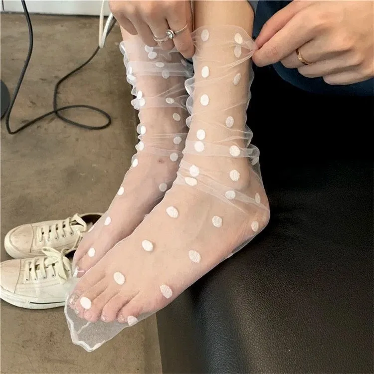 

Women's Harajuku Breathable Transparent Mesh Polka Dots Socks.Sexy Ladies Net Yarn Fishnet Dots Socks Female Hosiery Sox