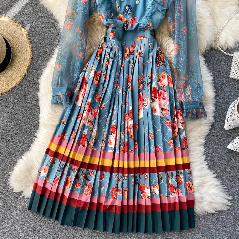 Ruffled Slim Printed Pleated Elegant Vestidos Fashion Palace Dress Women Autumn Winter Round Neck Lace Long Sleeve 
Ruffled Slim Printed Pleated Elegant Vestidos Fashion Palace Dress Women Autumn Winter Round Neck Lace Long Sleeve
