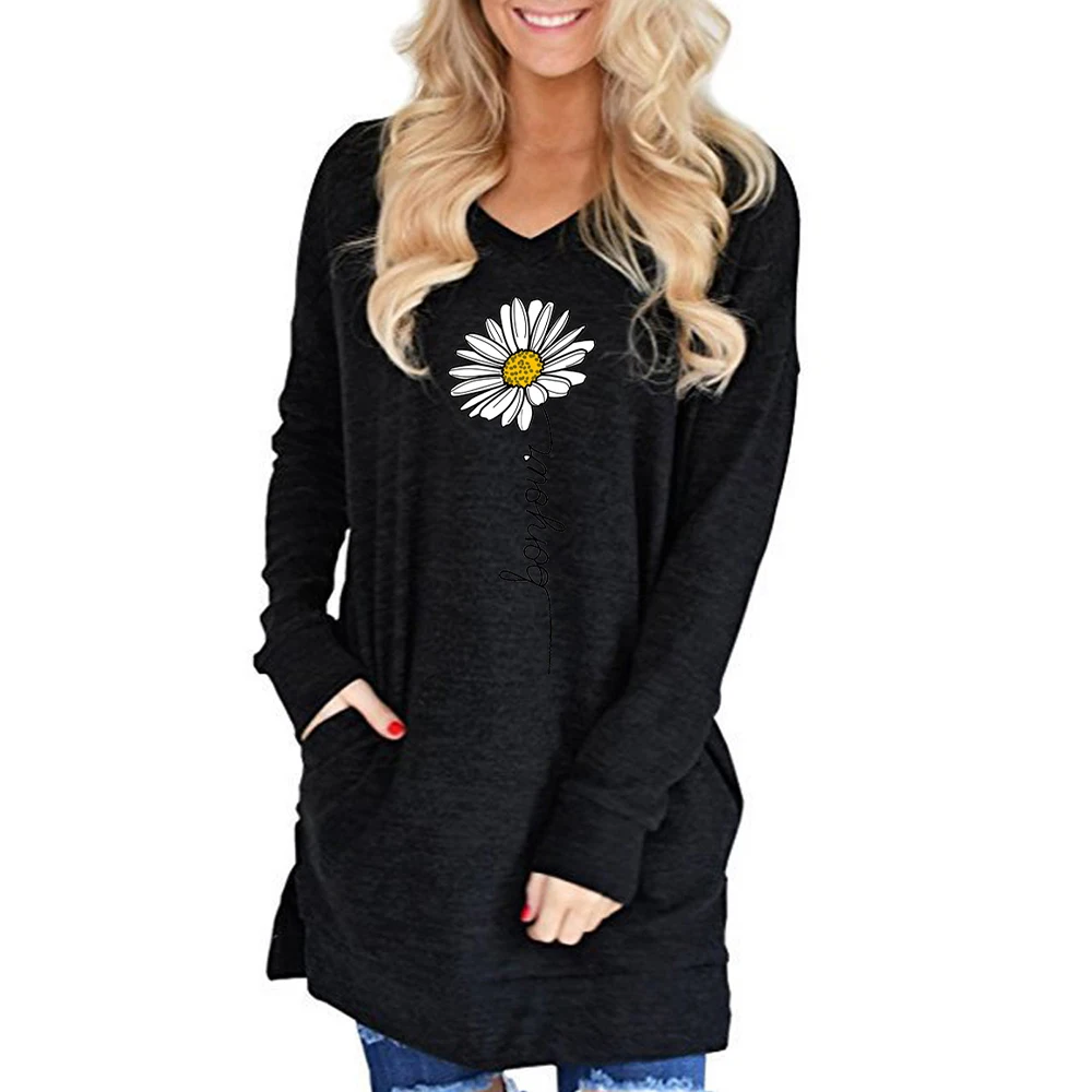 Women T shirt Daisy Print Plus Size V-neck Long Sleeve Long Top Split T-shirt Female Casual Top Autumn womens clothes 
Women T shirt Daisy Print Plus Size V-neck Long Sleeve Long Top Split T-shirt Female Casual Top Autumn womens clothes