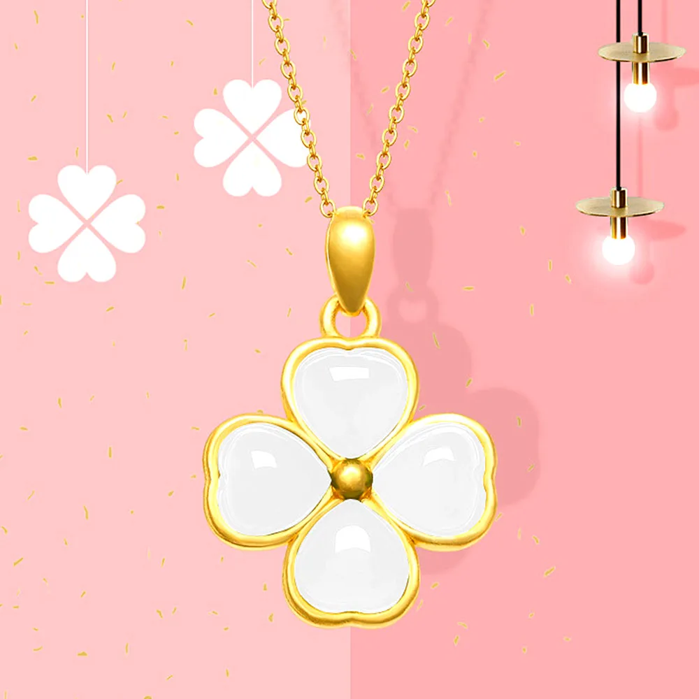 

Classical clover white jade gemstones pendant necklaces for women 18k gold color choker chain jewelry bijoux gifts accessories