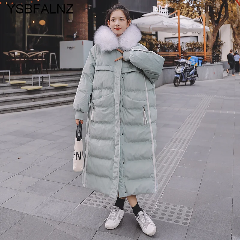 

Roupas Femeninas Womens Cotton Padded Coats Fad Winter Corduroy White Duck Down Hooded Big Fur Collar Loose Long Clothing Loose