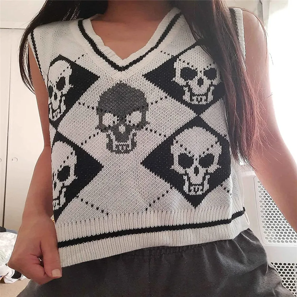 Women Gothic Skull Print Knitted Vest Skeleton Argyle Y2K V-Neck Sleeveless Sweater Vest Multicolor Spring Autumn Jumpers 2021
Women Gothic Skull Print Knitted Vest Skeleton Argyle Y2K V-Neck Sleeveless Sweater Vest Multicolor Spring Autumn Jumpers 2021