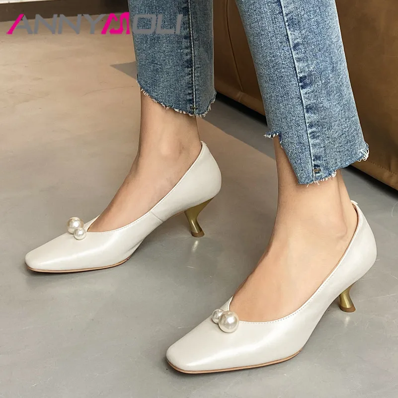 ANNYMOLI Women Pumps Genuine Leather High Heel Shoes Pearl Dress Shoes Fashion Square Toe Strange Style Heels Footwear Beige 40
ANNYMOLI Women Pumps Genuine Leather High Heel Shoes Pearl Dress Shoes Fashion Square Toe Strange Style Heels Footwear Beige 40